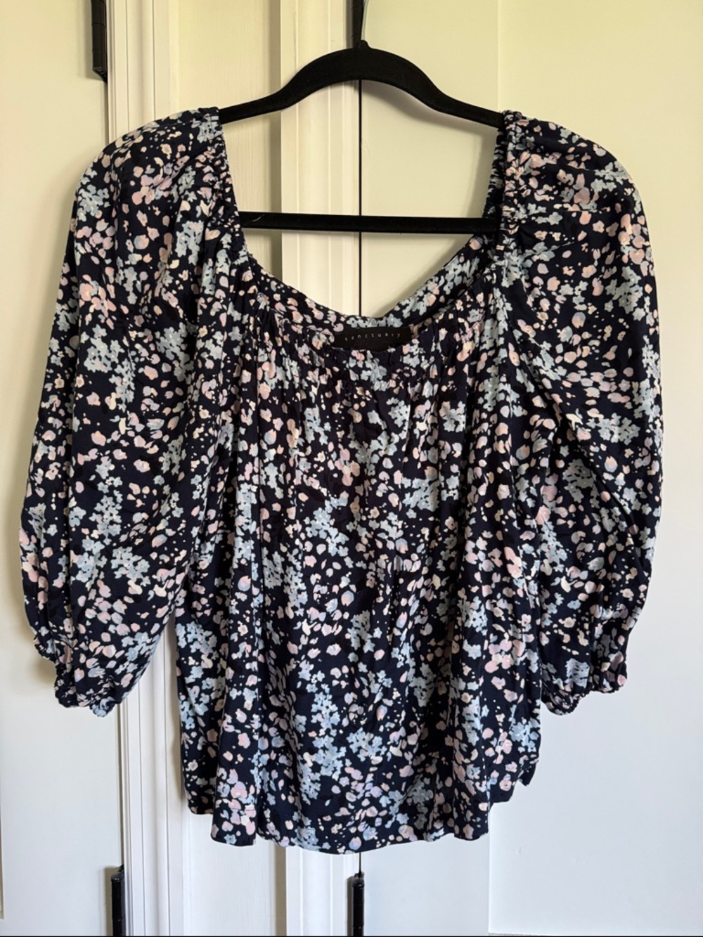 Sanctuary Navy Floral Peasant Blouse with Puff Sleeves